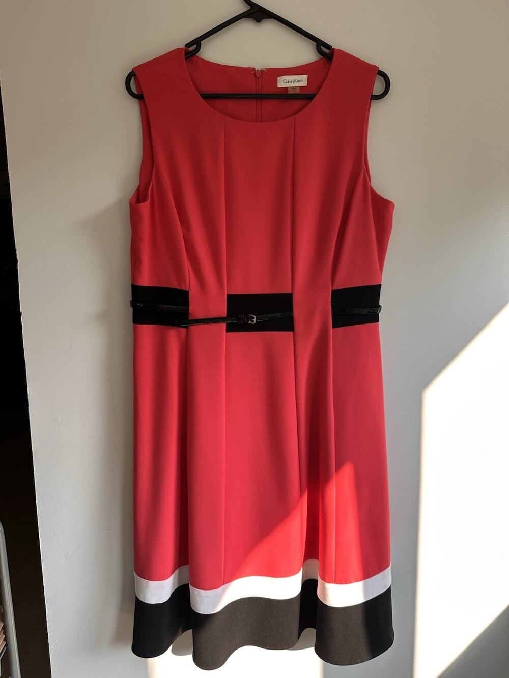 Calvin Klein Size 12 Woman’s Color Block Belted Fit And Flare Dress Career Pink